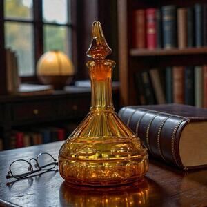 Vintage Empoli Italy Wide Panel Ribbed Glass Decanter & Stopper Amber*